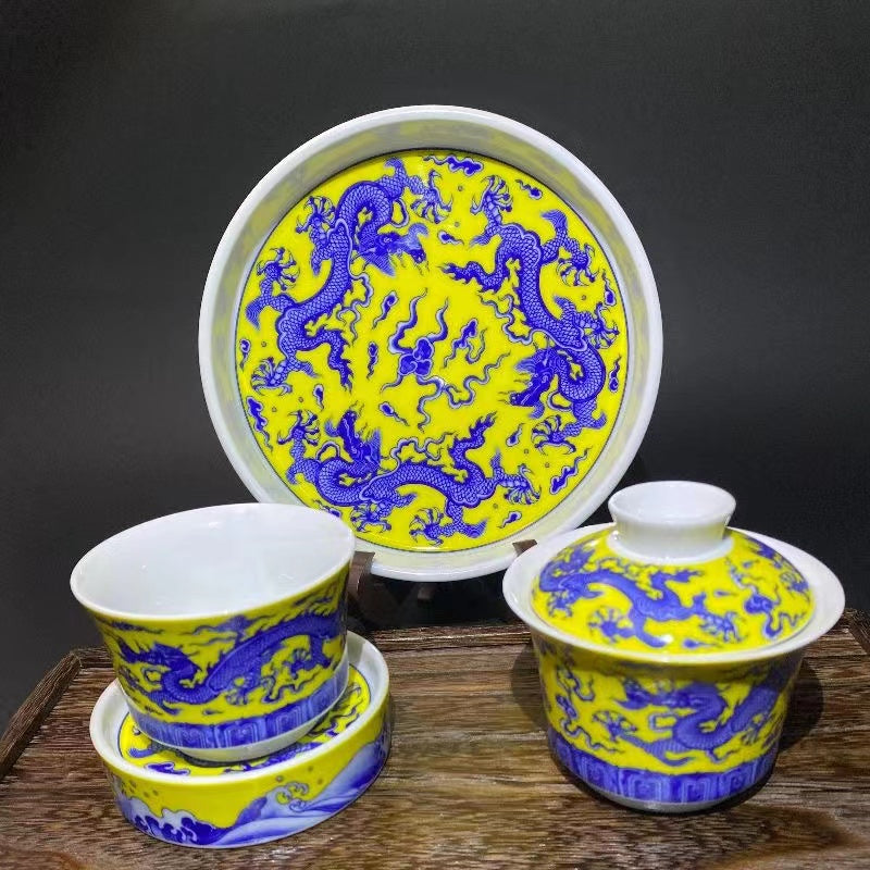 Yellow and Blue Dragon Gaiwan Set